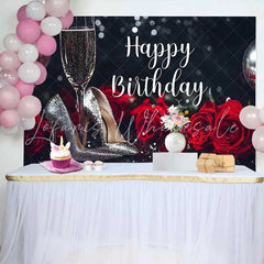 Lofaris Elegant Black and Silver Glitter Happy Birthday Backdrop featuring Red Roses and Champagne Heels