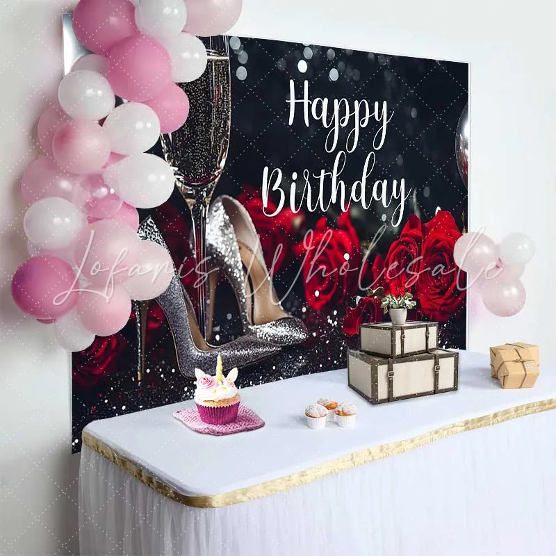 Lofaris Elegant Black and Silver Glitter Happy Birthday Backdrop featuring Red Roses and Champagne Heels