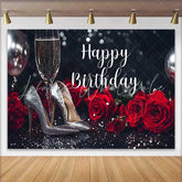 Lofaris Elegant Black and Silver Glitter Happy Birthday Backdrop featuring Red Roses and Champagne Heels