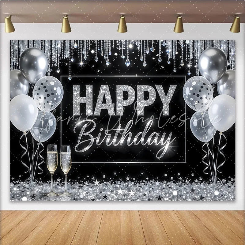 Lofaris Elegant Black and Silver Glitter Happy Birthday Backdrop with Balloons Sparkling Celebration Background for Adult Party Photography
