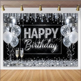 Lofaris Elegant Black and Silver Glitter Happy Birthday Backdrop with Balloons Sparkling Celebration Background for Adult Party Photography