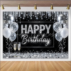Lofaris Elegant Black and Silver Glitter Happy Birthday Backdrop with Balloons Sparkling Celebration Background for Adult Party Photography