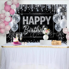 Lofaris Elegant Black and Silver Glitter Happy Birthday Backdrop with Balloons Sparkling Celebration Background for Adult Party Photography