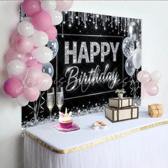 Lofaris Elegant Black and Silver Glitter Happy Birthday Backdrop with Balloons Sparkling Celebration Background for Adult Party Photography