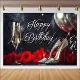 Lofaris Elegant Black and Silver Glitter Happy Birthday Backdrop with Champagne Sparkly High Heels and Red Roses Party Decoration