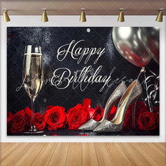 Lofaris Elegant Black and Silver Glitter Happy Birthday Backdrop with Champagne Sparkly High Heels and Red Roses Party Decoration