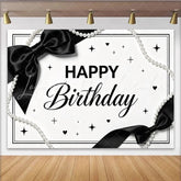 Lofaris Elegant Black and White Birthday Backdrop with Pearl Strings and Bows Chic Party Decor for Women and Girls Photoshoot