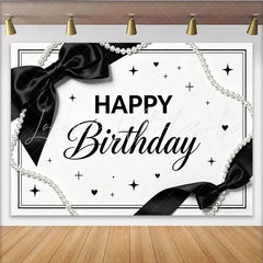 Lofaris Elegant Black and White Birthday Backdrop with Pearl Strings and Bows Chic Party Decor for Women and Girls Photoshoot