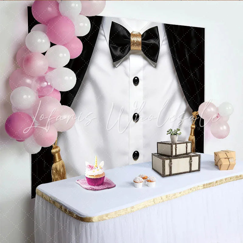Lofaris Elegant Black and White Tuxedo Photography Backdrop with Gold Bow Tie Luxurious Velvet Stage Background for Formal Portraits