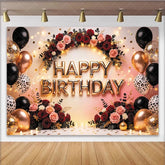 Lofaris Elegant Black Gold Rose Gold Birthday Backdrop with Balloons and Flowers Sparkling Party Background for Celebration Photography