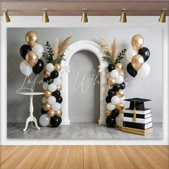 Lofaris Elegant Black White Gold Graduation Backdrop with Arch Balloons and Cap Pampas Grass Photo Background for Party Celebration
