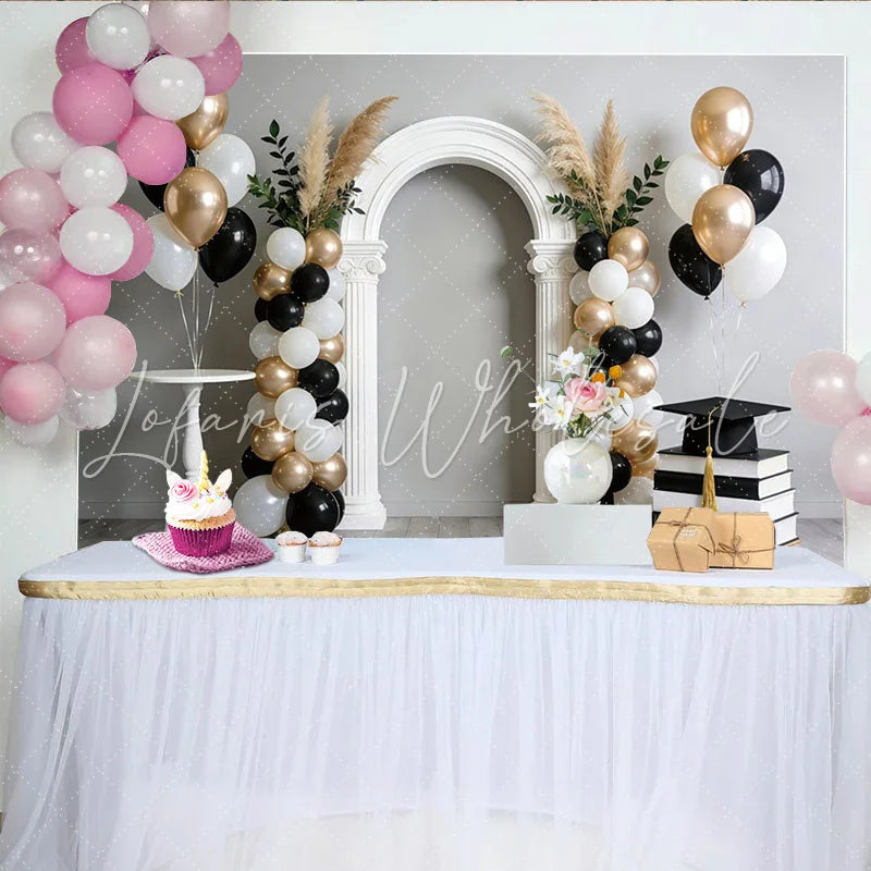 Lofaris Elegant Black White Gold Graduation Backdrop with Arch Balloons and Cap Pampas Grass Photo Background for Party Celebration