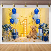 Lofaris Elegant Blue and Gold Balloons First Birthday Party Backdrop Marquee Number One and Teddy Bear Decor