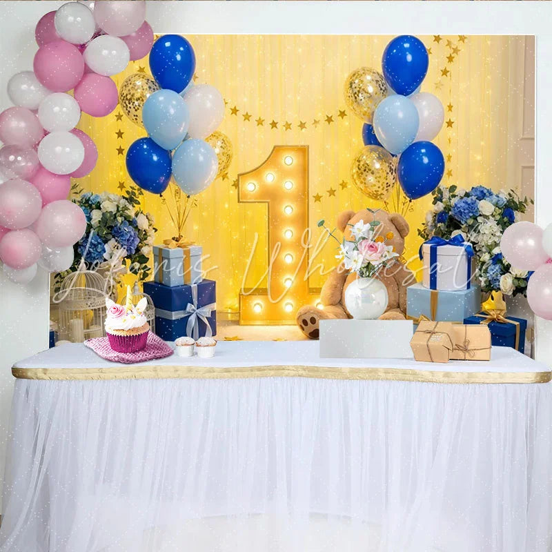Lofaris Elegant Blue and Gold Balloons First Birthday Party Backdrop Marquee Number One and Teddy Bear Decor