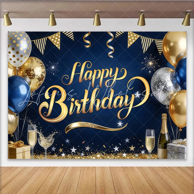 Lofaris Elegant Blue and Gold Happy Birthday Backdrop with Balloons and Glitter Sparkling Party Background for Adults and Kids Photoshoot