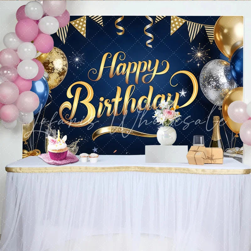 Lofaris Elegant Blue and Gold Happy Birthday Backdrop with Balloons and Glitter Sparkling Party Background for Adults and Kids Photoshoot