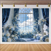 Lofaris Elegant Blue and White Floral Window Photography Backdrop Beautiful Sky View Background for Studio Photoshoots and Events