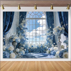 Lofaris Elegant Blue and White Floral Window Photography Backdrop Beautiful Sky View Background for Studio Photoshoots and Events