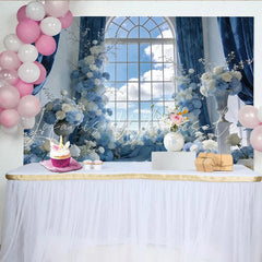 Lofaris Elegant Blue and White Floral Window Photography Backdrop Beautiful Sky View Background for Studio Photoshoots and Events