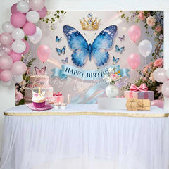 Lofaris Elegant Blue Butterfly and Gold Crown Birthday Cake Smash Backdrop Pink Flowers and Balloons Party Decor