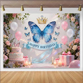 Lofaris Elegant Blue Butterfly and Gold Crown Birthday Cake Smash Backdrop Pink Flowers and Balloons Party Decor