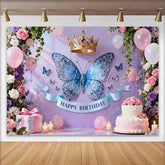 Lofaris Elegant Blue Butterfly and Gold Crown Birthday Cake Smash Backdrop Princess Floral Party Decor