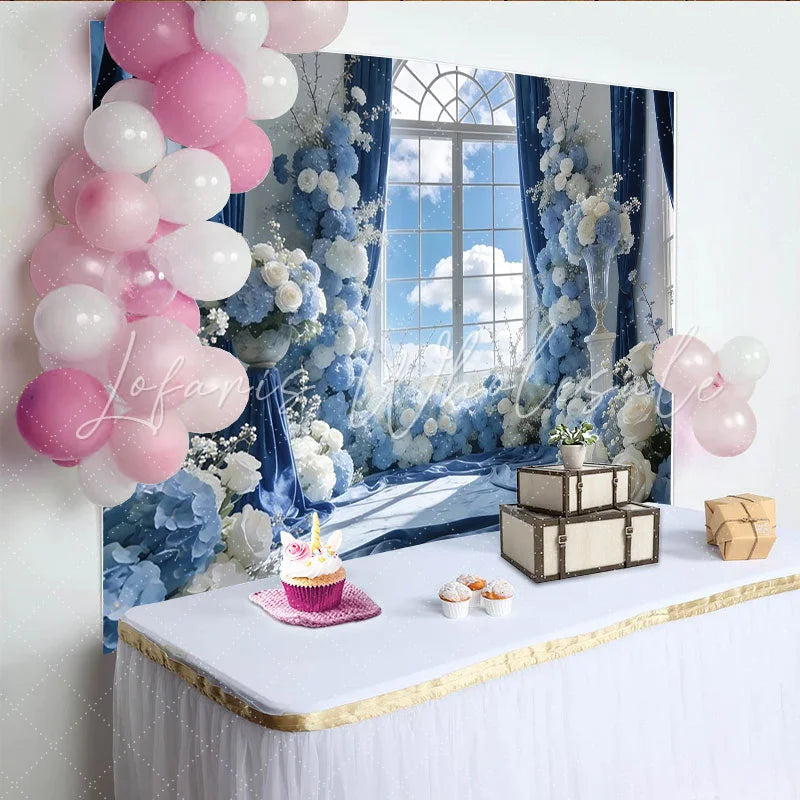Lofaris Elegant Blue Floral Window Photography Backdrop with White Roses and Hydrangeas Luxurious Studio Background for Wedding or Event