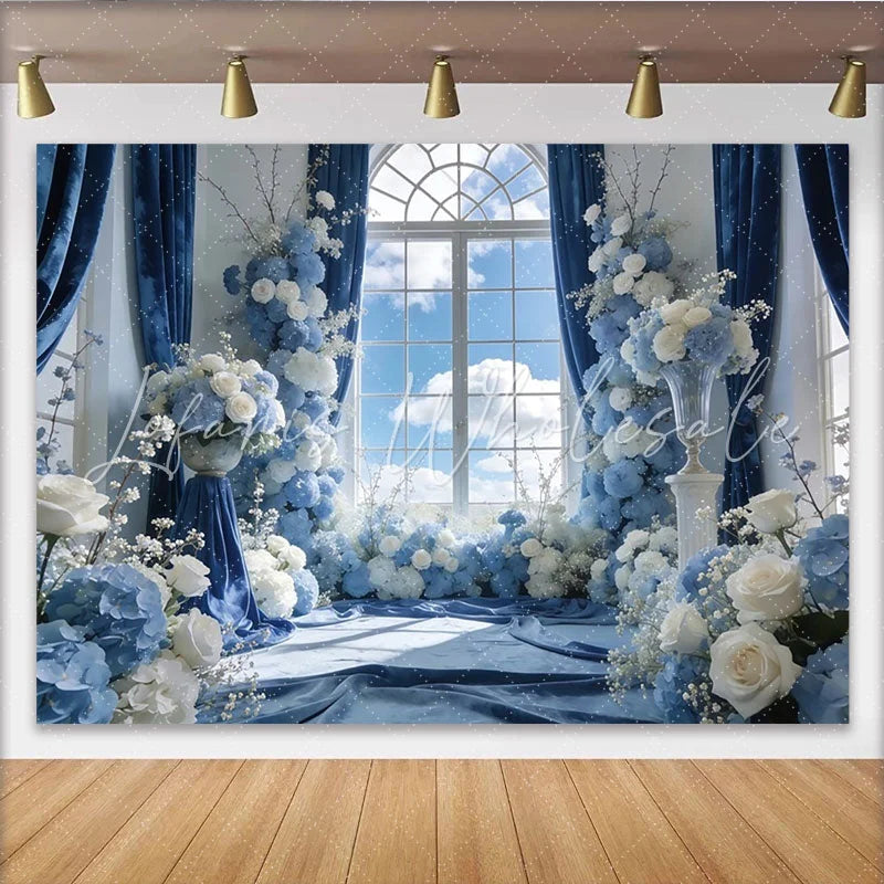 Lofaris Elegant Blue Floral Window Photography Backdrop with White Roses and Hydrangeas Luxurious Studio Background for Wedding or Event