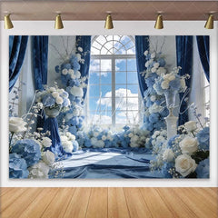 Lofaris Elegant Blue Floral Window Photography Backdrop with White Roses and Hydrangeas Luxurious Studio Background for Wedding or Event