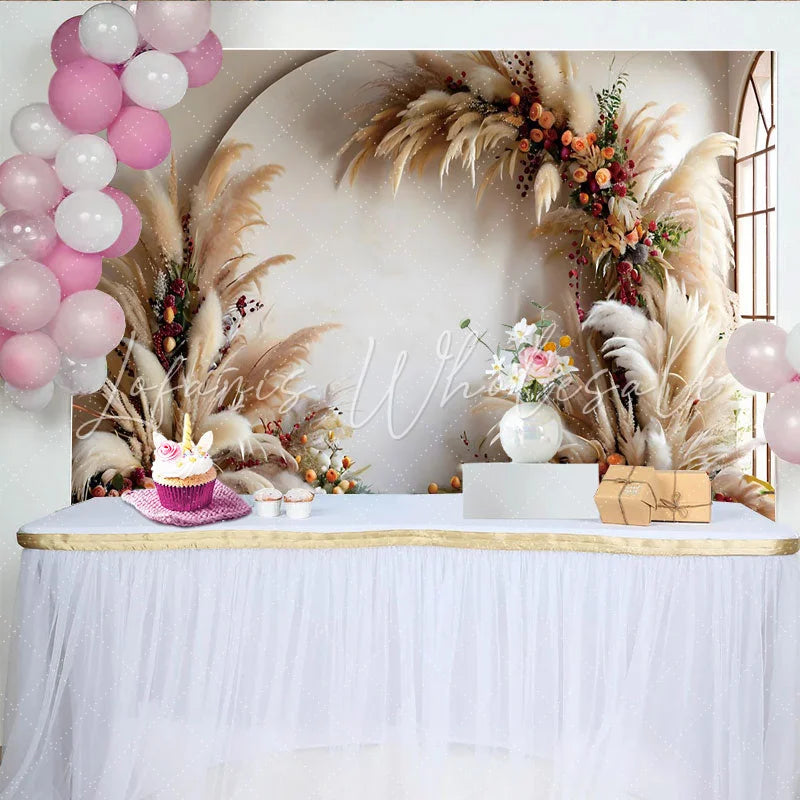 Lofaris Elegant Boho Arch Photography Backdrop Pampas Grass and Berries Room Set Backdrop