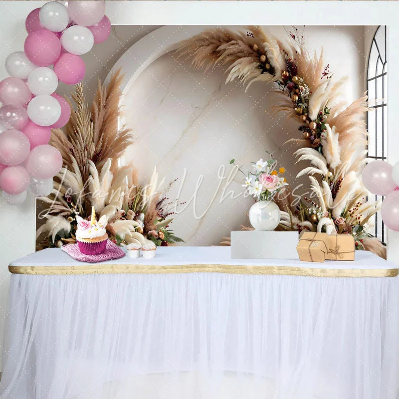 Lofaris Elegant Boho Arch Photography Backdrop Pampas Grass and Floral Room Set Backdrop