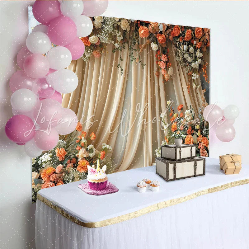 Lofaris Elegant Boho Floral Backdrop with Cream Drapes featuring Peach and Orange Roses for Wedding Party Decor