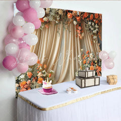 Lofaris Elegant Boho Floral Backdrop with Cream Drapes featuring Peach and Orange Roses for Wedding Party Decor