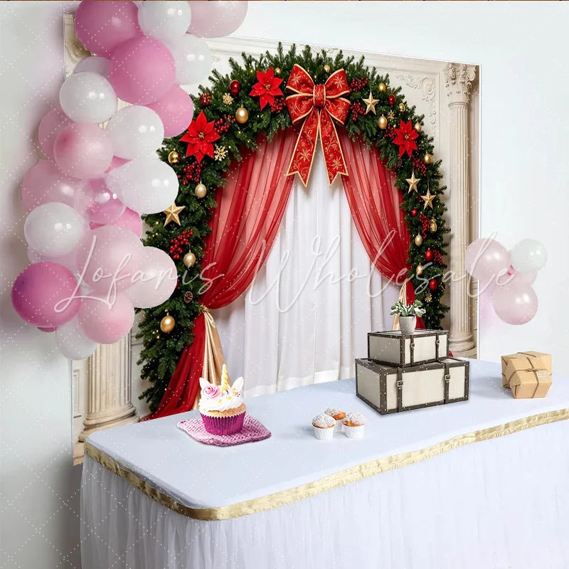 Lofaris Elegant Christmas Arch Backdrop with Red Poinsettias Luxurious Holiday Background for Festive Party Decor.