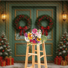 Lofaris Elegant Christmas Door Photography Backdrop Candy Cane Columns with Trees Holiday Front Porch Photo Background