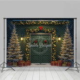 Lofaris Elegant Christmas Door Photography Backdrop Green with Gold Garland Snowy Holiday Photo Background