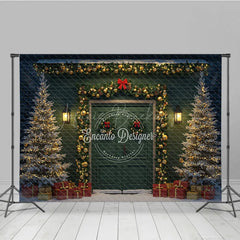 Lofaris Elegant Christmas Door Photography Backdrop Green with Gold Garland Snowy Holiday Photo Background