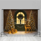 Lofaris Elegant Christmas Door Photography Backdrop Green with Gold Reindeer Snowy Holiday Mini Session Background
