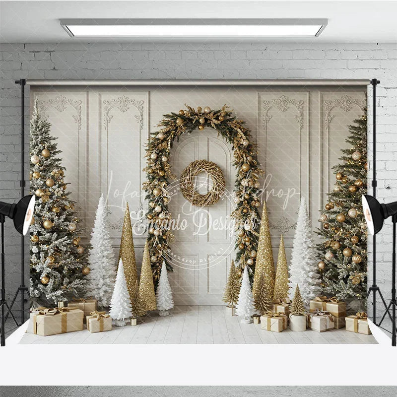 Lofaris Elegant Christmas Doorway Photography Backdrop Gold Garland Arch with Flocked Trees Classic Holiday Photo Background