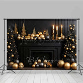 Lofaris Elegant Christmas Fireplace Photography Backdrop Black Mantel with Gold and Ornaments Moody Holiday Prop