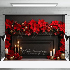 Lofaris Elegant Christmas Fireplace Photography Backdrop Black Mantel with Red Poinsettias Holiday Studio Photo Prop