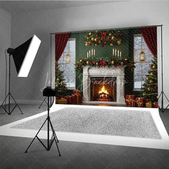 Lofaris Elegant Christmas Fireplace Photography Backdrop Green Wall with Red Curtains Classic Holiday Mini Session Background