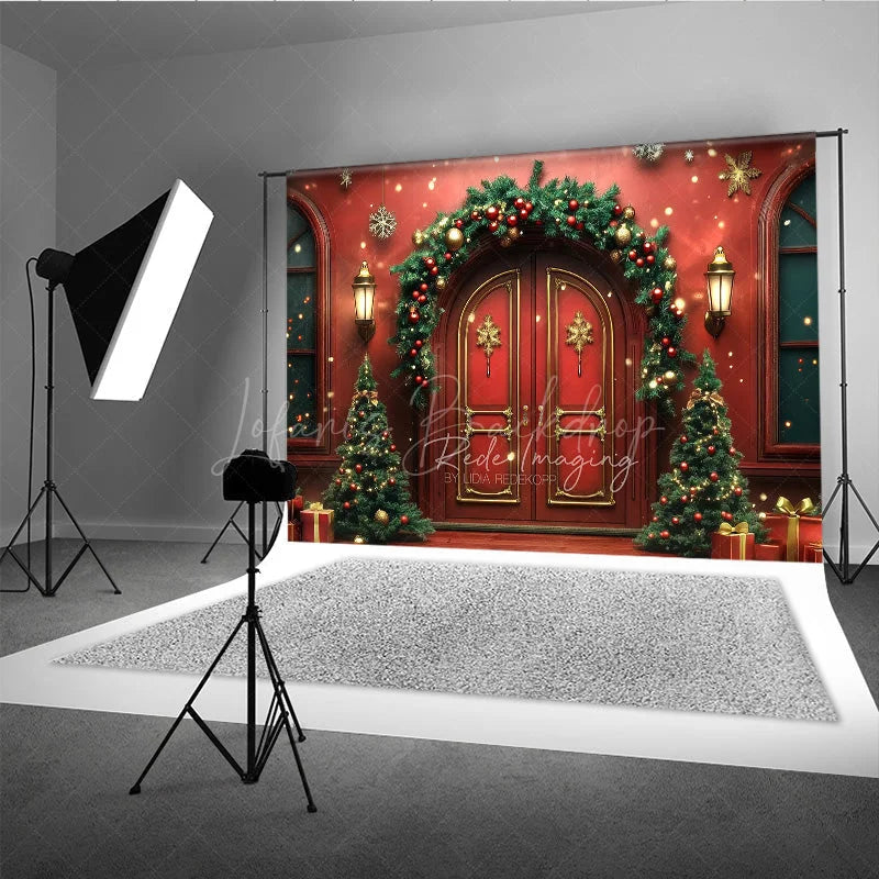 Lofaris Elegant Christmas Front Door Photography Backdrop Red Doors with Garland and Trees Holiday Welcome Home Photo Prop