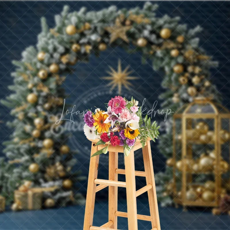 Lofaris Elegant Christmas Pine Arch Photography Backdrop Flocked Garland with Gold Ornaments Modern Navy Blue Holiday Background