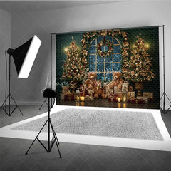 Lofaris Elegant Christmas Window Photography Backdrop Teddy Bears and Golden Trees Snowy View Holiday Photo Background
