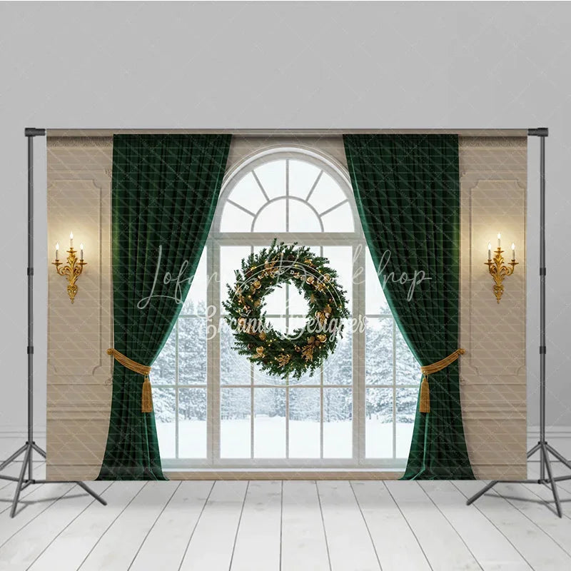Lofaris Elegant Christmas Window Photography Backdrop with Green Curtains Floating Wreath Classic Holiday Photo Background
