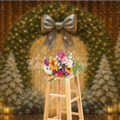 Lofaris Elegant Christmas Wreath Photography Backdrop Gold Bow with Flocked Trees Fairy Light Holiday Photo Background