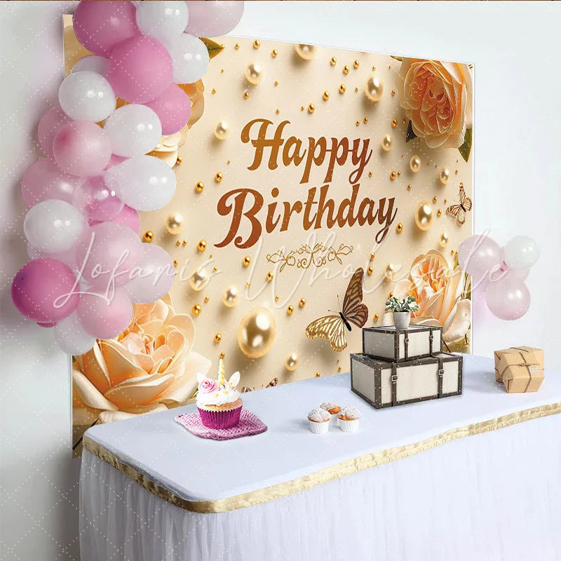 Lofaris Elegant Cream Floral Happy Birthday Backdrop with Golden Pearls and Butterflies Celebration Party Decor