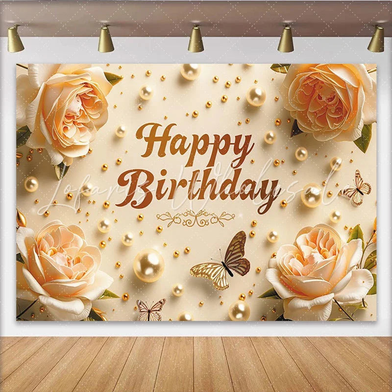 Lofaris Elegant Cream Floral Happy Birthday Backdrop with Golden Pearls and Butterflies Celebration Party Decor