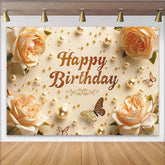 Lofaris Elegant Cream Floral Happy Birthday Backdrop with Golden Pearls and Butterflies Celebration Party Decor